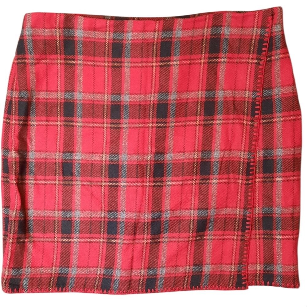 Eddie Bauer Skirt Womans Red Plaid Wool Blend Preppy Travel Business Casual